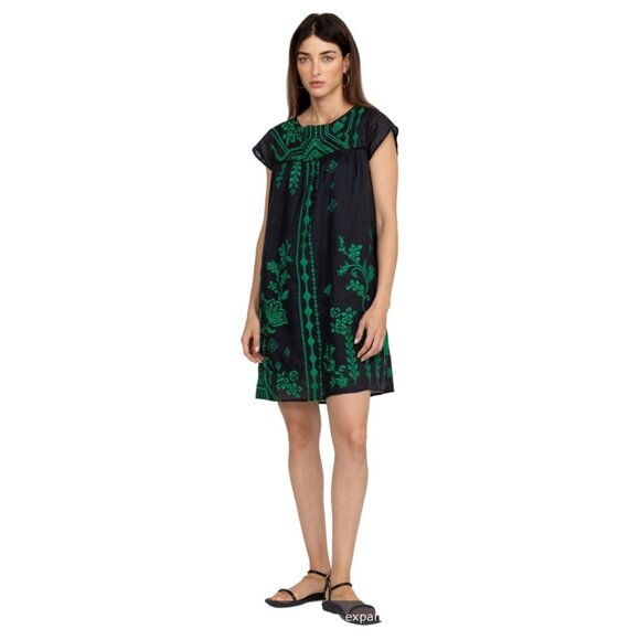 Johnny Was Workshop Embroidered Mini Black Shift Dress Size L Jade Cotton Floral - Picture 1 of 7